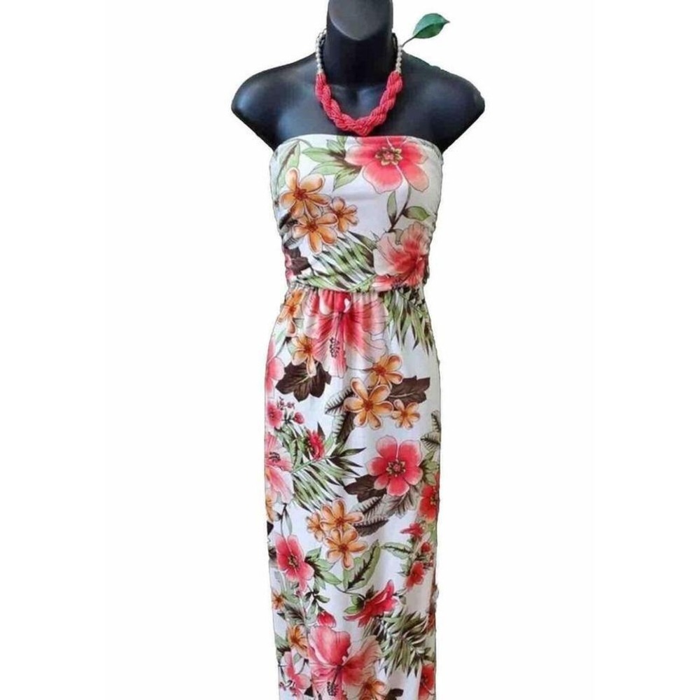 Vibe-sportswear Womans Maxi‎ Dress White Floral Print Strapless L Tropical Beach
